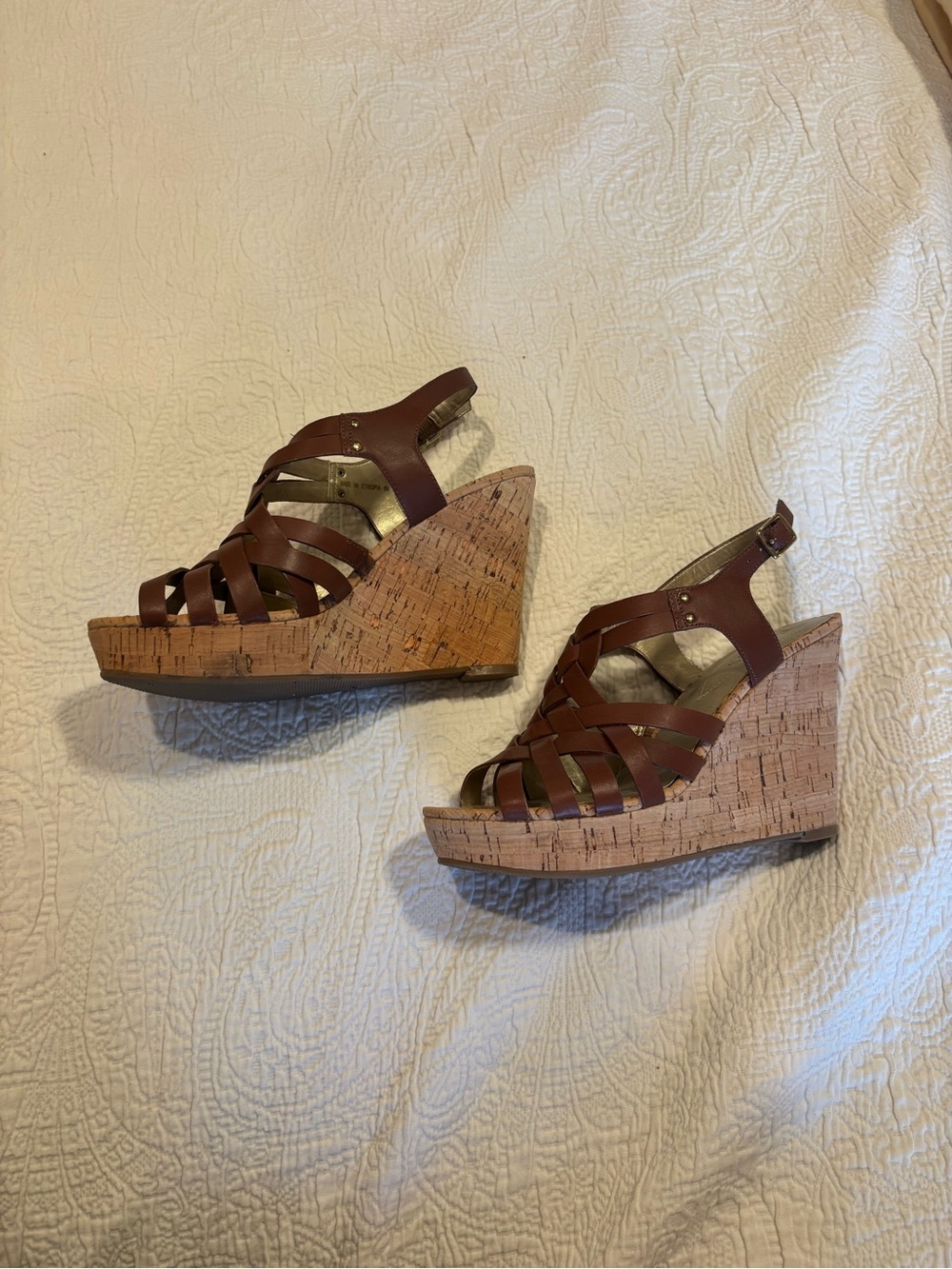 Guess Brown Leather Cork Wedge Sandals